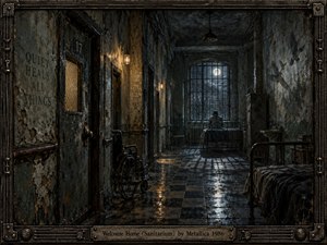 A solitary figure sits on an iron bed inside a decaying institutional corridor, surrounded by peeling walls, barred windows, an abandoned wheelchair, and cold tiled floors. Moonlight and weak amber lamps create stark reflections and long shadows, giving the detailed painterly scene a claustrophobic, haunted atmosphere of isolation, confinement, and fragile resistance.