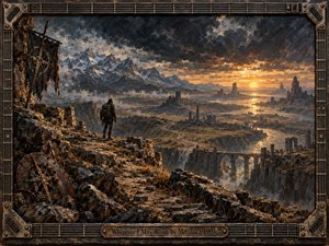 A lone traveler overlooks a vast ruined valley beneath storm-dark mountains and a burning sunset. Winding roads, shattered arches, distant spires, and reflective waterways create a harsh sense of endless wandering. Heavy textured brushwork, bronze-black tones, amber light, and a rugged guitar-inspired metal frame reinforce the solemn, restless atmosphere.