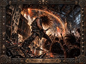 A raging guitarist dominates a shattered industrial stage, hair whipping through sparks and smoke as a frenzied crowd surges below. Fiery orange arcs cut through deep blacks and steel grays, while harsh concert lights intensify the violent energy. Intricate metalwork, chains, amplifiers, and a weathered frame reinforce the raw thrash-metal atmosphere.