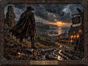 A lone outlaw stands above a storm battered coastal village, framed by ruined stone, muddy paths, ravens, and distant firelight. Dark blue gray clouds clash with a molten sunset, creating a brooding, dangerous mood. Rich oil painted textures, weathered leather, wet earth, scattered coins, and ornate Celtic metalwork deepen the rugged atmosphere.