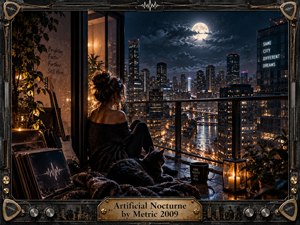 A solitary woman sits on a rain-slick balcony overlooking a luminous midnight city beneath a full moon. Warm candlelight contrasts with cool blue towers, creating an introspective cyber-noir mood. A guitar, records, sleeping cat, plants, and textured blankets enrich the scene, enclosed by an ornate industrial music-themed frame.