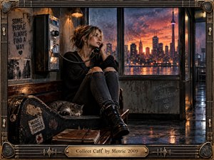 A solitary woman sits beside a worn payphone, gazing across a rain-streaked window toward a glowing city skyline at sunset. Warm orange light contrasts with deep charcoal shadows, creating a reflective, distant mood. Photorealistic textures, weathered walls, musical framing, a resting cat, and travel-worn objects enrich the intimate composition.