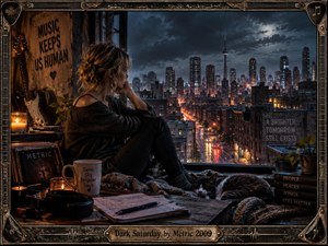 A pensive woman sits beside a rain-darkened city window, surrounded by candles, records, a guitar, headphones, notebooks, plants, and a sleeping cat. Warm amber interior light contrasts with the stormy blue skyline and glowing streets beyond. Detailed photographic realism and weathered metal framing create a melancholy, reflective atmosphere.
