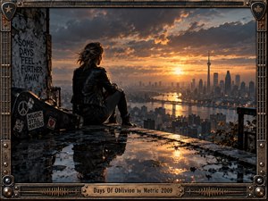 A solitary woman sits on a rain-soaked rooftop overlooking a sprawling city at sunset, surrounded by reflective puddles, weathered concrete, and a battered guitar case. Warm amber light cuts through stormy blue-gray clouds, creating a cinematic, contemplative mood. An industrial metal frame reinforces the music-driven atmosphere.