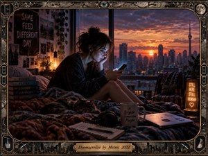 A weary woman sits curled on a rumpled bed, illuminated by her phone against a glowing city sunset. Warm amber lamps contrast with cool screen light, creating an intimate, anxious mood. A sleeping cat, headphones, books, laptop, handwritten objects, and an ornate metallic frame enrich the cinematic digital composition.