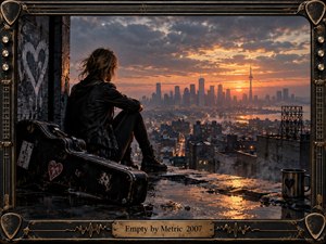 A solitary woman sits on a rain-darkened rooftop overlooking a glowing city at sunset, surrounded by reflective puddles, a battered guitar case, and a weathered mug. Warm orange light contrasts with brooding clouds and black leather, while an ornate distressed musical frame reinforces the images melancholy, introspective rock atmosphere.