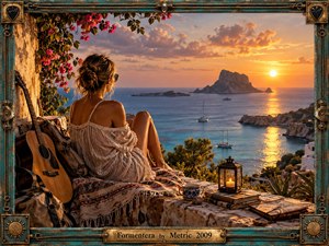 A solitary woman rests on a rustic Mediterranean terrace overlooking a luminous island sea at sunset. Warm amber light, turquoise water, flowering vines, sailboats, a guitar, lantern, books, and woven textiles create a reflective, escapist mood. Photorealistic detail and a weathered nautical frame deepen the nostalgic atmosphere.