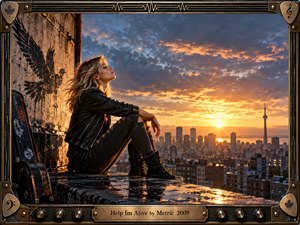 A blonde woman in dark rocker clothing rests on a rain-slick rooftop overlooking a glowing city skyline at sunrise. Warm gold light breaks through dramatic blue-gray clouds, creating a reflective, resilient mood. A weathered guitar case, painted bird silhouette, industrial textures, and music-themed metal frame enrich the cinematic realism.
