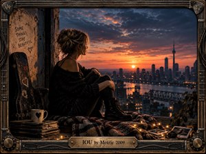 A solitary woman sits on a weathered rooftop ledge overlooking a glowing city at sunset, surrounded by books, photographs, fairy lights, and a battered guitar case. Warm orange light contrasts with deep blue shadows, creating a reflective, restless mood. Detailed textures, industrial framing, and intimate objects suggest memory, longing, and unresolved emotion.