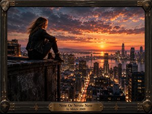 A solitary woman sits on a weathered rooftop overlooking a luminous waterfront city at sunset, capturing urgency, reflection, and possibility. Fiery orange light breaks through purple storm clouds, illuminating distant towers and glowing streets. A dark metal guitar-inspired frame and engraved brass title plate reinforce the cinematic rock atmosphere.