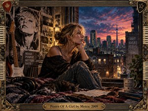 A pensive woman sits beside an open loft window overlooking Toronto at sunset, surrounded by a guitar, headphones, photographs, notebooks, a sleeping cat, and steaming mug. Warm amber light contrasts with violet-blue city shadows, creating an intimate, reflective mood in a richly detailed cinematic painting framed with weathered musical hardware.