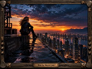 A solitary woman sits on a rain-slick rooftop overlooking a luminous city at sunset, capturing a mood of uncertainty, courage, and restless possibility. Fiery orange light meets deep blue storm clouds, reflecting across wet concrete. A weathered bronze musical frame, industrial details, and engraved title plate complete the cinematic composition.