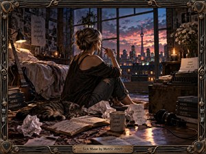 A pensive woman sits in a candlelit loft overlooking a glowing city skyline at sunset, surrounded by a guitar, sleeping cat, notebooks, typewriter, headphones, and scattered papers. Warm amber light contrasts with deep blue shadows, creating an intimate, restless mood within an intricately crafted metallic musical frame.