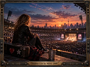 A lone woman in a leather jacket overlooks a packed stadium concert beneath a fiery orange and violet sunset. Thousands of glowing lights surround the distant stage, creating an intimate yet monumental mood. Detailed cinematic realism, weathered music gear, urban silhouettes, warm illumination, and an ornate metallic frame evoke nostalgic rock energy.