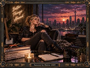 A contemplative blonde woman lounges in a dark leather chair overlooking a glowing city skyline at sunset. Warm amber, crimson, and violet light surrounds guitars, records, books, candles, and handwritten notes. The cinematic mixed-media realism blends urban glamour with introspection, independence, ambition, and restless creative energy.