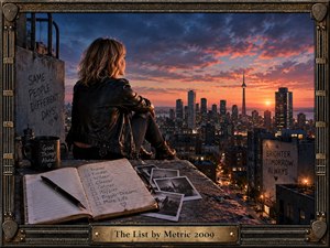 A solitary woman in a black leather jacket overlooks a glowing city at sunset, surrounded by a weathered journal, photographs, and hopeful handwritten messages. Warm orange light contrasts with deep blue clouds, creating a reflective, restless mood. An ornate industrial guitar-inspired frame and engraved brass title plate complete the cinematic digital artwork.