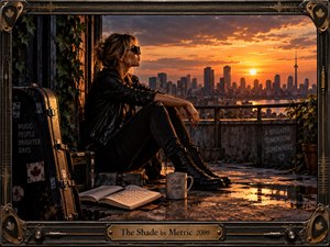 A solitary woman in black leather sits on a weathered rooftop overlooking a glowing city at sunset. Warm orange light contrasts with deep industrial shadows, reflective puddles, ivy, a guitar case, notebook, and mug. Photorealistic detail, rugged textures, and an ornate metal frame create a reflective, urban mood.