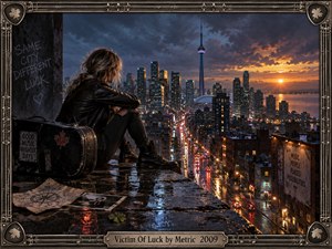 A solitary woman sits beside a worn guitar case on a rain-slick rooftop overlooking a glowing city skyline at sunset. Deep blues, amber light, wet reflections, scattered photographs, maps, and subtle symbols create a contemplative mood. Detailed digital painting and a weathered musical-metal frame reinforce themes of chance, memory, and uncertainty.