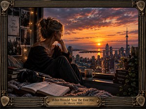 A pensive woman sits beside a high window overlooking a glowing city at sunset, surrounded by books, headphones, photographs, plants, and warm string lights. Deep charcoal shadows contrast with fiery orange skies, creating an intimate, reflective mood. A handcrafted guitar-string frame and aged brass title plate complete the cinematic artwork.