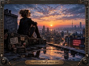 A solitary young woman sits on a rain-darkened rooftop overlooking a glowing city at sunset, surrounded by a weathered guitar case, books, graffiti, and shimmering reflections. Warm orange light contrasts with deep blue clouds, creating a restless, nostalgic indie-rock atmosphere within an ornate, distressed guitar-inspired metal frame.