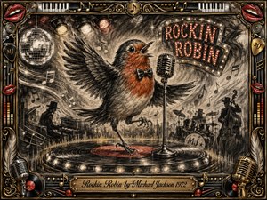 A lively robin sings into a vintage microphone atop a glowing record-like stage, surrounded by musicians, swirling notes, and a sparkling disco ball. Deep charcoal textures blend with warm reds, golds, and cream highlights, creating a joyful retro mood. An ornate musical frame and engraved title plate complete the theatrical composition.