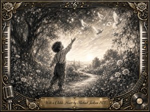 A child stands in a glowing garden at dawn, reaching toward white birds, floating bubbles, and scattered stars. Deep charcoal textures create a tender, dreamlike atmosphere, while luminous highlights guide a winding path toward the horizon. An ornate gold-and-black musical frame, piano keys, roses, microphone, and vinyl details complete the nostalgic composition.