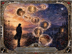 A solitary figure walks beside reflective water at twilight as glowing memory bubbles sweep upward in an elegant S-curve, revealing tender fragments of love and separation. Warm golds fade into deep blues and violets beneath cinematic light. Ornate chrome-and-gold musical framing, roses, piano keys, records, and delicate filigree enrich the dreamlike mixed-media composition.