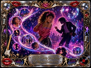 A glamorous 1980s dance fantasy centers on a stylish woman and silhouetted male performer beneath a glowing disco ball. Sweeping feathered bubbles form an S-curve through neon pink, violet, blue, and gold light. An ornate chrome-and-gold musical frame, red lips, microphones, records, stars, and engraved title plate complete the exuberant digital painting.