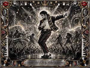 A dynamic Michael Jackson-inspired performer dances at center stage amid swirling charcoal textures, cheering silhouettes, musical notes, and radiant spotlights. Rich black, silver, gold, and red accents create an energetic, theatrical mood. An ornate music-themed frame features microphones, piano keys, records, speakers, lips, stars, and an engraved title plate.