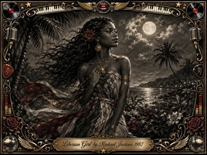 A graceful Liberian woman stands beside a moonlit tropical coast, her flowing hair and patterned wrap swept by the breeze. Deep charcoal textures create a romantic, dreamlike mood, accented by crimson flowers and warm gold jewelry. An ornate music-themed frame of records, microphones, piano keys, wings, roses, and metallic filigree surrounds the scene.