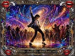 A dynamic pop performer commands a glowing circular stage as a jubilant crowd dances beneath a swirling cosmic cityscape. Electric blues, purples, magentas, and gold radiate through spotlights, musical trails, stars, and confetti. An ornate chrome-and-gold frame features red lips, microphones, instruments, disco accents, and an engraved title plate.