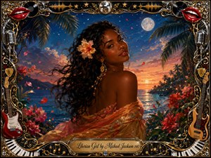 A graceful woman with flowing dark curls and a hibiscus flower poses against a moonlit tropical shoreline glowing with sunset gold, coral, and deep blue. Warm, romantic lighting and drifting petals create a dreamy mood, while an ornate chrome-and-gold musical frame features guitars, microphones, records, piano keys, red lips, and decorative filigree.