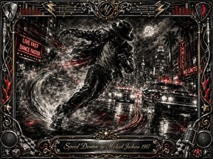 A shadowed dancer races through a rain-slicked city at night, surrounded by speeding cars, swirling smoke, and glowing red neon. Deep charcoal textures, silver highlights, and crimson accents create a tense, cinematic mood. An ornate chrome-and-gold music-themed frame surrounds the scene, finished with dice, microphones, flames, and an engraved title plate.