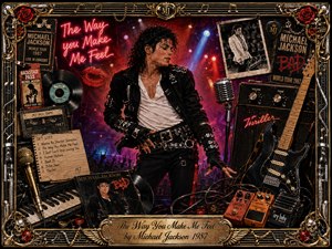 Michael Jackson commands the center of a vivid 1980s concert collage, surrounded by red neon, smoky stage lights, guitars, records, microphones, pedals, posters, roses, and memorabilia. Rich black, crimson, gold, and chrome tones create an energetic, romantic mood, framed by ornate metallic detailing and an engraved title plate.