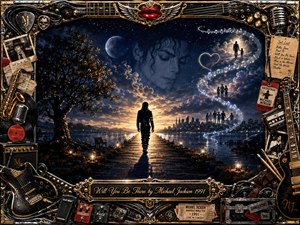 A solitary figure walks toward a radiant horizon across a moonlit waterfront, beneath an ethereal portrait emerging from dramatic clouds. Deep blues, golds, and warm amber light create a reflective, hopeful mood. An ornate chrome-and-gold music-themed frame surrounds the cinematic digital painting, filled with instruments, records, memorabilia, and glowing musical symbols.
