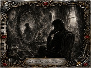 A solitary shadowed man sits pensively in a dim, smoke-filled room, surrounded by a cracked mirror, fading figures, scattered photographs, piano, rose, and whiskey glass. Deep feathered charcoal textures and dramatic silver-gray lighting create a haunting, melancholic mood, framed by ornate chrome, gold filigree, red lips, records, cables, and musical details.