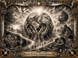 A glowing Earth rises from many caring hands, surrounded by children, families, doves, and winding paths of people united in hope. Deep charcoal textures create a tender, timeless atmosphere, while radiant light breaks through soft clouds. An ornate gold-and-chrome musical frame, piano keys, records, roses, and engraved title plate complete the uplifting composition.