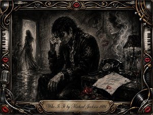 A solitary, brooding man sits in a shadowy noir interior as a ghostlike woman recedes through a doorway. Deep charcoal textures, smoky grays, and selective crimson accents create a haunting mood. A telephone, letter, rose, and wine glass heighten the mystery, framed by ornate gold, chrome, piano, record, and microphone motifs.