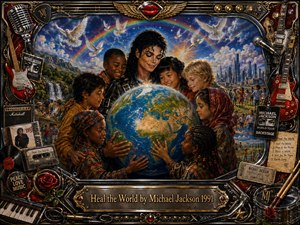 A radiant global scene shows Michael Jackson surrounded by smiling children gathered around a glowing Earth, symbolizing unity, compassion, and hope. Rainbows, doves, waterfalls, cities, and diverse communities fill the background. Rich blues, golds, reds, and warm light enhance the detailed painted style, framed by ornate musical memorabilia.