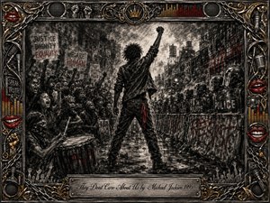A defiant figure raises a fist between an impassioned protest crowd and riot police on a rain-darkened city street. Deep charcoal textures, smoky shadows, stark lighting, and restrained red accents create an urgent, confrontational mood. An ornate chrome-and-gold frame, microphones, chains, speakers, lips, raised hands, and engraved title plate complete the composition.