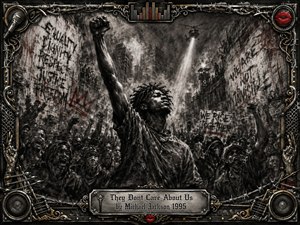 A defiant young man raises a clenched fist above a dense protest crowd in a smoky, graffiti-covered city. Deep charcoal textures, stark black-and-white contrast, crimson accents, and harsh searchlights create an urgent, rebellious mood. An ornate industrial frame of barbed wire, speakers, metalwork, and red lips surrounds the dramatic composition.