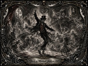 A spectral dancer commands a decaying gothic ballroom as ghostly children and swirling spirits emerge through smoky charcoal textures. Moonlight cuts across the shadowed mansion, revealing staircases, chandeliers, and eerie portraits. Black, gray, muted gold, and red accents heighten the supernatural drama, framed by ornate musical instruments, cables, skulls, and engraved metalwork.