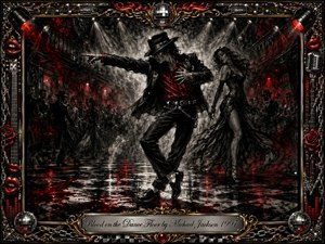 A dramatic charcoal-inspired nightclub scene shows a sharply dressed male dancer striking a powerful pose beside a mysterious woman on a blood-red, reflective checkerboard floor. Smoky spotlights, shadowy crowds, and crimson accents heighten the dangerous mood, while an ornate chrome-and-gold music-themed frame surrounds the theatrical composition.