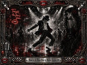 A lone dancer commands a smoky nightclub floor beneath a mirrored disco ball and stark spotlights, surrounded by shadowy figures and a mysterious woman. Charcoal blacks, silvery grays, and vivid crimson reflections create a dangerous, seductive mood, while ornate chrome, gold filigree, roses, red lips, musical motifs, and an engraved frame heighten the theatrical drama.