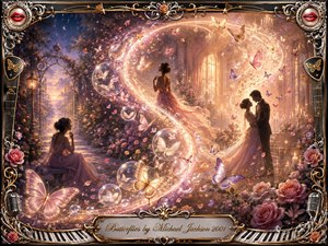 A luminous fantasy garden and ballroom unfolds beneath twilight skies, where glowing butterflies and translucent bubbles sweep in an elegant S-curve toward an embracing couple. Blush roses, lavender shadows, warm gold light, and sparkling petals create a tender, dreamlike mood. Ornate chrome-and-gold musical framing surrounds the richly detailed romantic illustration.