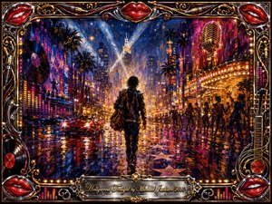 A solitary figure walks through a rain-slicked Hollywood boulevard glowing with neon, marquee lights, palm trees, crowds, and sweeping spotlights. Rich blues, magentas, reds, and golds create a glamorous yet wistful mood. Expressive painterly textures, reflective pavement, musical motifs, ornate chrome-gold framing, and vivid red lips heighten the theatrical atmosphere.