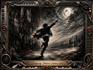 A lone figure surges from a shadowy urban corridor toward a luminous moonlit horizon, suggesting urgent escape and freedom. Deep charcoal textures, smoky blacks, silvery grays, and restrained crimson accents create dramatic movement and contrast. An ornate gold-and-chrome musical frame, with piano keys, strings, speakers, and red lips, surrounds the cinematic scene.