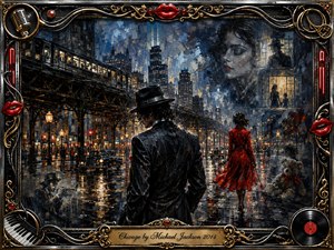 A solitary man in a dark suit and fedora watches a woman in red walk through rain-soaked Chicago beneath elevated tracks. Blue-black shadows, amber streetlights, and crimson reflections create a mysterious, heartbroken mood. Expressive painterly textures, ghostly memories, skyline silhouettes, musical ornaments, and an ornate gold-trimmed frame enrich the cinematic composition.