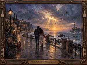 A couple walks closely along a rain-slick seaside promenade at sunset, framed by glowing lamps, rugged cliffs, and a distant lighthouse. Warm gold light breaks through stormy blue-gray clouds, reflecting across wet stone and restless waves. Rich oil-paint textures, seabirds, flowers, and an ornate bronze musical frame create a romantic, hopeful atmosphere.
