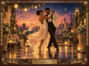A joyful couple dances on an elegant rooftop terrace overlooking a glowing city skyline at sunset. Warm gold, amber, coral, and deep blue tones create a romantic, celebratory mood. Lanterns, flowers, reflections, and flowing fabric add movement, while richly painted textures, Art Deco details, piano-key borders, and ornate framing enhance the handcrafted atmosphere.